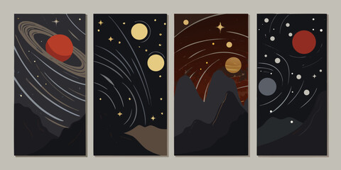 Planetary scenes a set of four vector illustrations in muted tones © Barsha