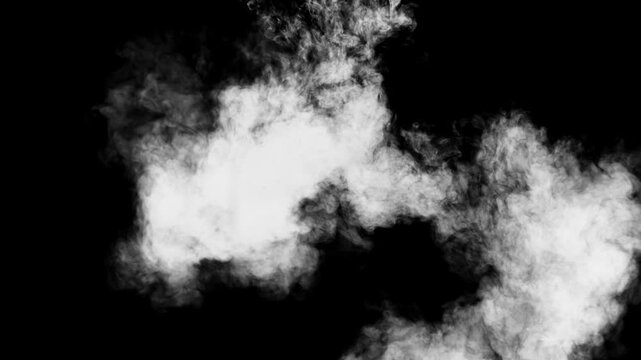 Multiple white ink streams injected into water on a black backdrop, expanding into intricate clouds, dense swirls, and smoke-like textures. Overlays, backdrops, text reveals, transitions, luma mattes
