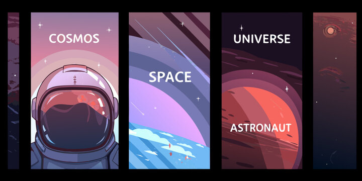 Space Themed Posters Vector Illustration With Cosmic Elements And Text