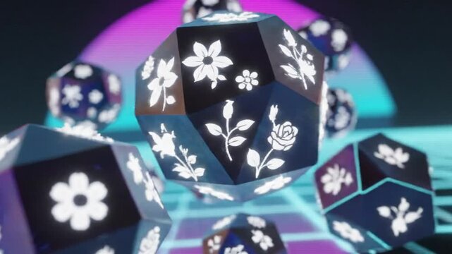 Abstract 3D rendering of flower-decorated geometric polyhedrons floating in a retro-futuristic virtual space