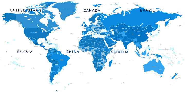 Blue world map with country labels a vector illustration on white background