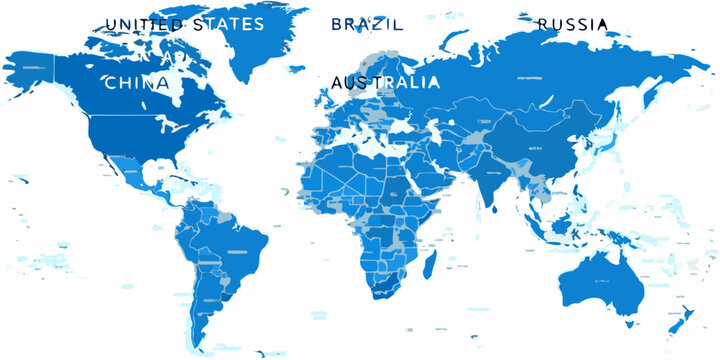 World Map Illustration With Country Labels Blue And Gray Tones