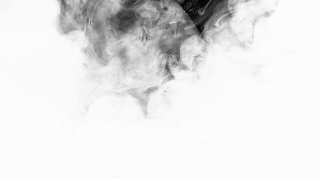 Multiple white ink streams injected into water on a black backdrop, expanding into intricate clouds, dense swirls, and smoke-like textures. Overlays, backdrops, text reveals, transitions, luma mattes