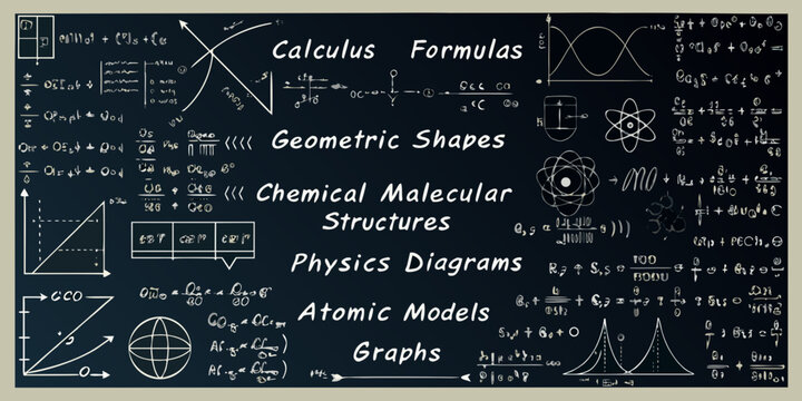 Chalkboard with scientific formulas geometric shapes and atomic models illustration