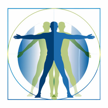 Vitruvian man illustration with overlapping figures and geometric shapes