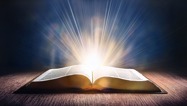 open bible shining with rays of light illuminating the room