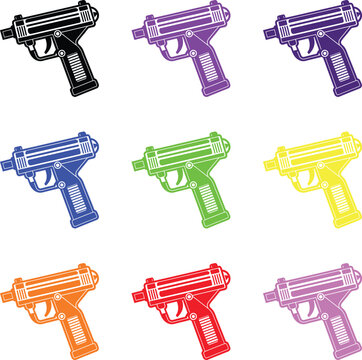 Electric pneumatic staple gun icon set in nine bright colors for construction and repair.