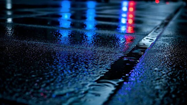 wet asphalt road with red, blue police lights reflecting at night, crime scene atmosphere with rain and emergency response, urban street danger, cinematic moody background with shallow depth of field