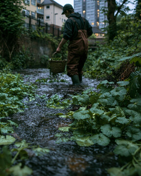 <Urban River Fishing: Man's Tranquil Foraging Adventure in Cityscape Wilderness>