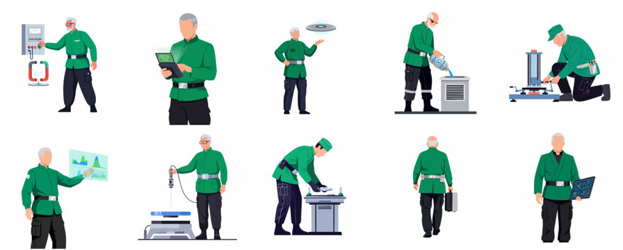 Collection of professional futuristic scientists and technicians in green uniforms performing various laboratory experiments and technical research tasks