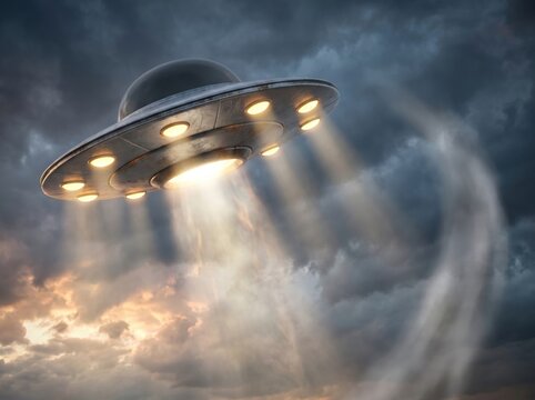 UFO flying saucer spaceship hovering with light beam in storm clouds at sunset sci fi extraterrestrial alien encounter concept