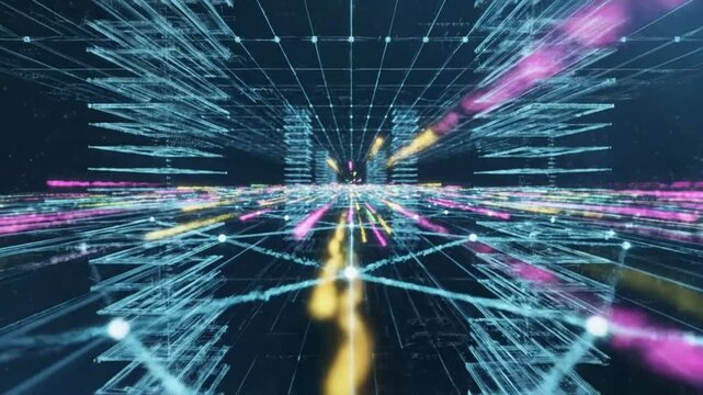 Futuristic Digital Data Tunnel: Abstract Visualization of Network Connections and Technological Structures