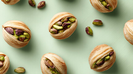 Pistachio pastries with crunchy kataifi texture filling a vibrant green background, creating a delicious pattern showcasing sweet Middle Eastern food and traditional dessert ingredients