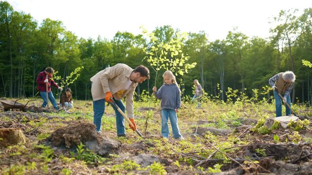 Eco volunteers planting trees together. Diverse people helping nature grow again. Man digging soil while girl holding young tree. Green conservation project supporting healthy environment outdoors.
