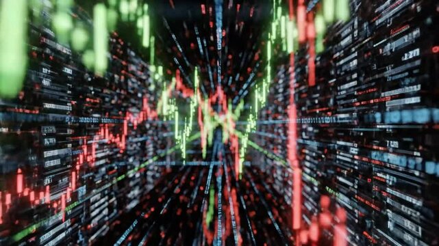 Abstract data visualization of financial trading analysis with fluctuating green and red candlestick charts