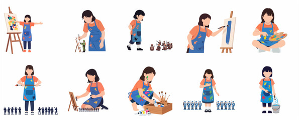 Fototapeta premium Little girl artist character set engaged in creative painting activities and playing with toy soldier miniatures.
