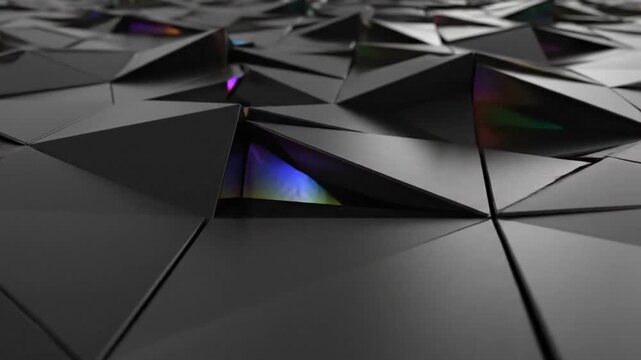 Abstract futuristic black geometric triangles with shimmering iridescent reflections creating a modern surface