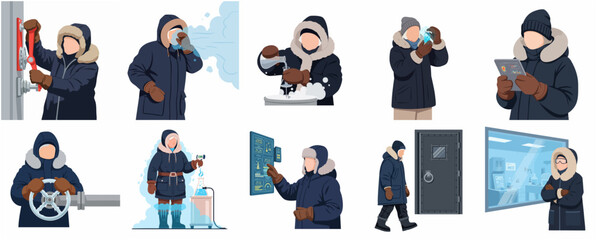 Scientists and workers in arctic parkas performing tasks in extreme cold environments, industrial and laboratory research in freezing temperatures vector illustration set © Karbeel