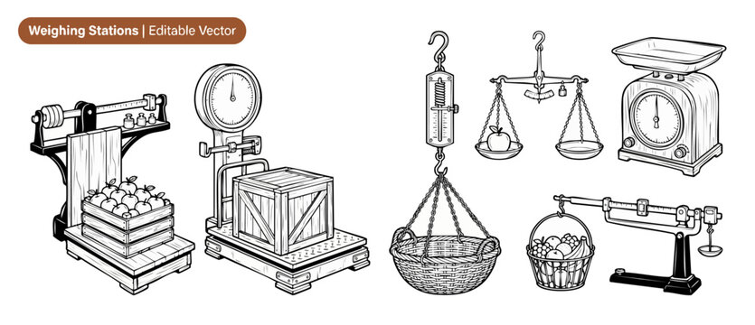 Vintage weighing scales vector set measuring weight of fruit and boxes on white background, featuring retro balance systems, kitchen dial scale, spring hanging basket, and heavy counterweight line art