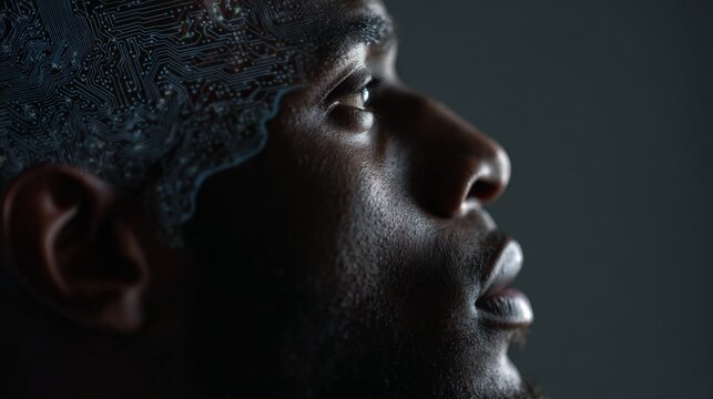 Close view of a man with a digital brain design in an artistic portrayal of technology and humanity in a dark setting