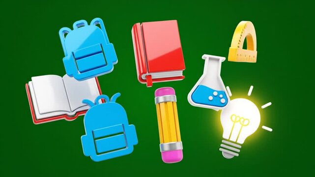 School supplies and education icons floating against a green background with lightbulb shining brightly