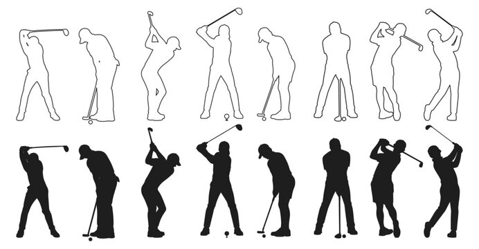 Golf player silhouette set with various swing poses