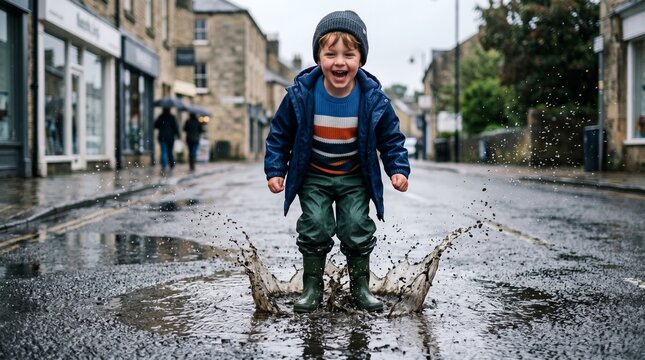 Child jumping in puddle on wet street playful rain moment splash joy childhood freedom outdoor urban lifestyle concept.