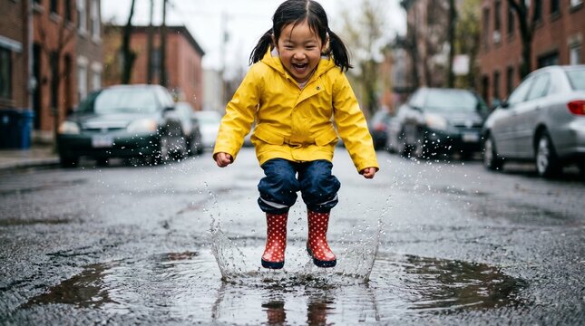 Child jumping in puddle on wet street playful rain moment splash joy childhood freedom outdoor urban lifestyle concept.