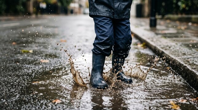 Child jumping in puddle on wet street playful rain moment splash joy childhood freedom outdoor urban lifestyle concept.