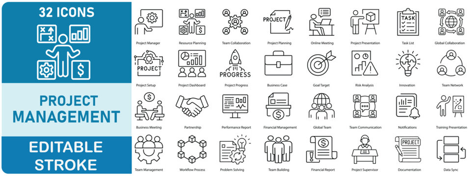 Project Management Icons in line style . Contains icon related to including  project planning, task management, teamwork,  workflow,leadership, and more . Editable stroke. Vector illustration.