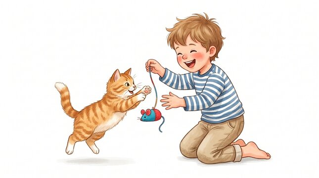 child playing with cat isolated on white background joyful interaction pet friendship childhood innocence playful moment concept clean.