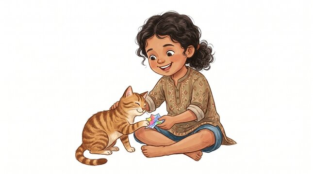 child playing with cat isolated on white background joyful interaction pet friendship childhood innocence playful moment concept clean.