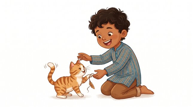 child playing with cat isolated on white background joyful interaction pet friendship childhood innocence playful moment concept clean.