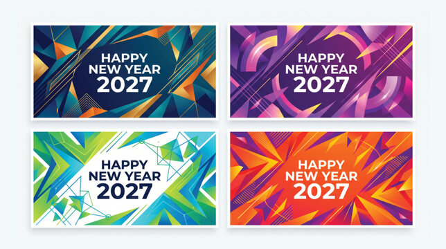 Four unique horizontal banner designs for happy new year 2027 featuring multi colored abstract geometric artworks and sharp angular shapes horizontal greeting abstract geometric