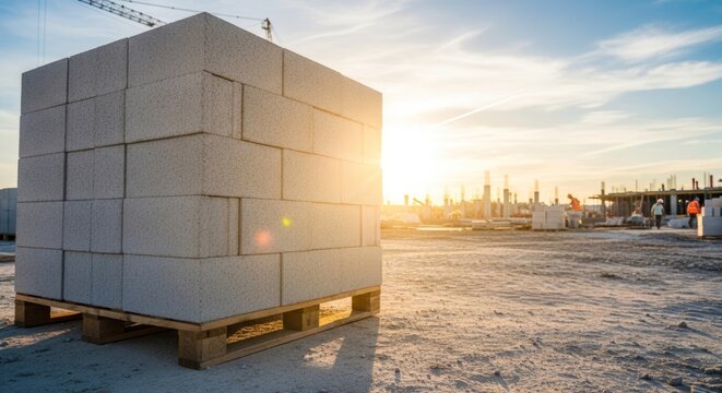 Stacked aerated concrete blocks on pallet at construction site during golden hour sunset