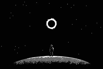 Astronaut silhouetted against a solar eclipse monochromatic illustration © MituRani