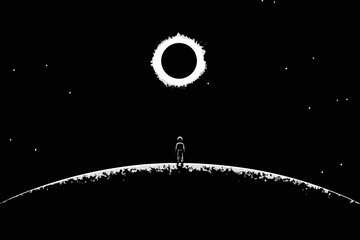 Astronaut silhouette observing solar eclipse against a black background © MituRani