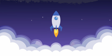 Cartoon rocket launch with flame and smoke a flat vector illustration © MituRani