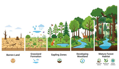 Forest Ecosystem Restoration Cycle Showing Natural Recovery Biodiversity Renewal and Climate Resilience Vector Design © mstfarida