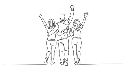 Obraz premium Continuous line drawing of three successful friends celebrating victory.