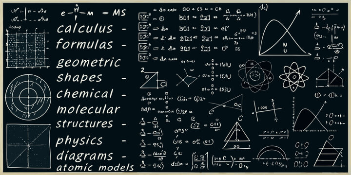 Chalkboard with scientific formulas geometric shapes and atomic models
