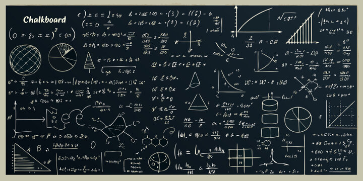 Chalkboard with handwritten mathematical equations and scientific diagrams dark background
