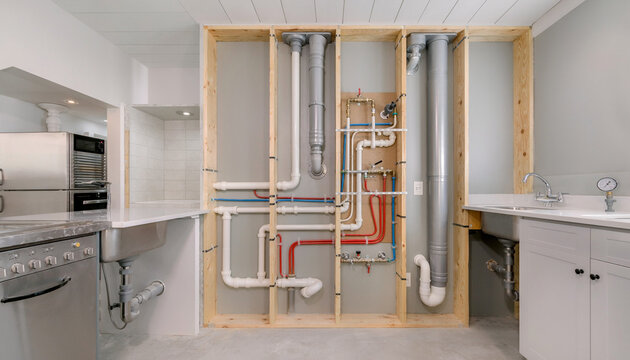 Detailed View of a Complex Kitchen Plumbing System with Exposed PVC, PEX, and Copper Pipes within a Wood Wall Frame During a Home Renovation.