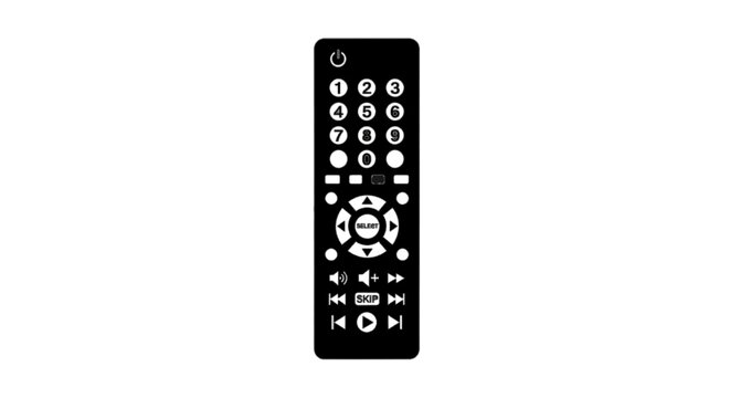 Minimal black silhouette icon, simple flat vector, bold black shape, no, no shading black remote control for television on a, flat icon style