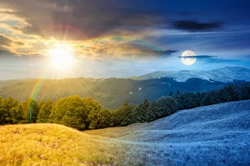 day meet night above carpathian mountain field. view of countryside landscape with valley behind the forest on the hill. sun and moon over clouds on a sky. autumn equinox background for astrology © Pellinni