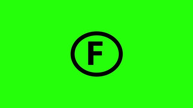 Premium 4K presentation showing a dry clean circle with letter F petroleum solvent only silhouette bouncing. Perfect professional clothing web icon.