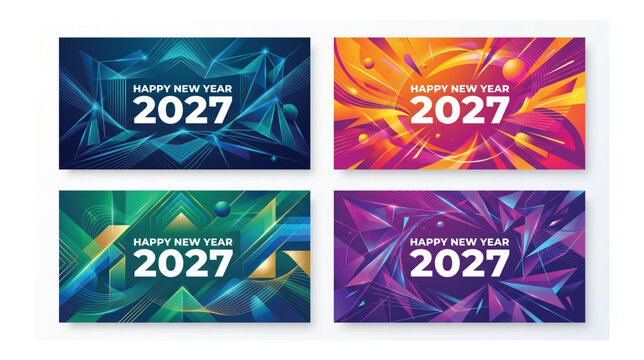 Happy new year 2027 abstract tech style backgrounds featuring geometric crystal structures and spheres in multi colored gradients abstract background technology geometric gradient