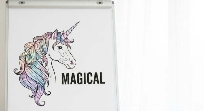 Hand-drawn unicorn outline with pastel mane and 'Magical' text on a flipchart, offering creative inspiration and ample copy space for presentations.