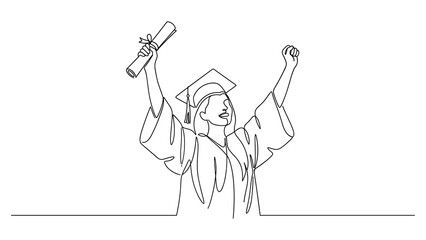 Obraz premium Continuous line drawing of a happy graduate holding a diploma.