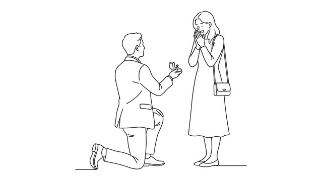 Continuous line drawing of a man proposing marriage to a woman with a ring.